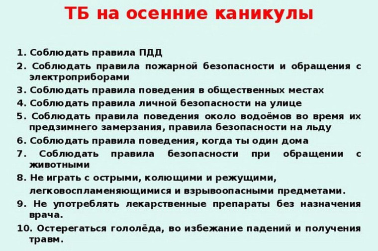 Памятка Осенние каникулы.